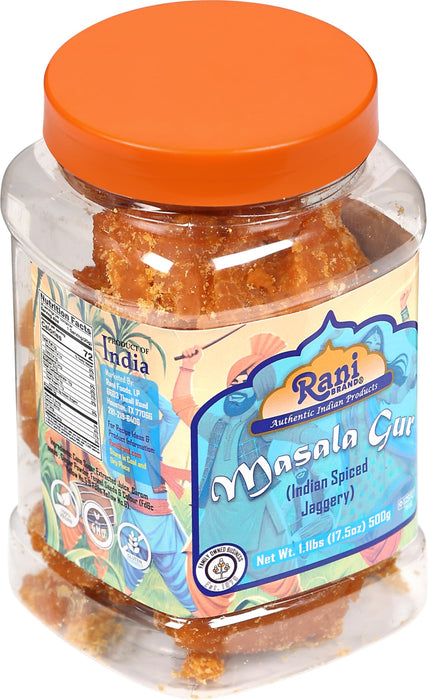 Rani Masala Gur (Jaggery) Indian Unrefined Raw Cane Sugar 17.5oz (1.1lbs) 500g PET Jar ~ Gluten Friendly | Vegan | NON-GMO | Kosher | No Salt or fillers