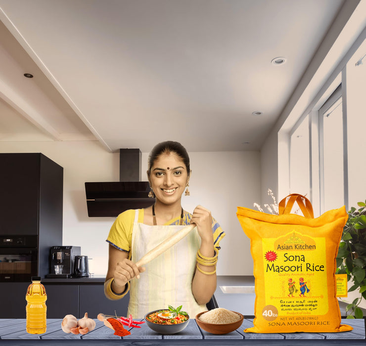 Asian Kitchen White Sona Masoori Aged Rice 40-Pound Bag, 40lbs (18.14kg) Short Grain Rice ~ All Natural | Gluten Friendly | Vegan | Indian Origin | Export Quality