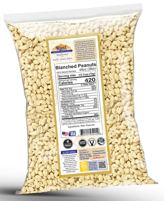 Rani Peanuts Skinless (Blanched, Uncooked) 48oz (3lbs) 1.36kg Bulk ~ All Natural | Vegan | Gluten Friendly | Kosher | Fresh Product of USA ~ Spanish Grade Groundnuts