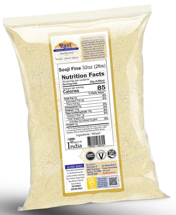 Rani Sooji Fine (Farina, Suji, Rava, Wheat) Flour 32oz (2lbs) 908g ~ All Natural | Vegan | NON-GMO | Kosher | Indian Origin