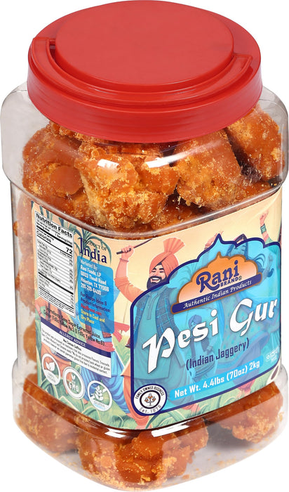 Rani Pesi Gur (Jaggery) Indian Unrefined Raw Cane Sugar 70oz (4.4lbs) 2kg PET Jar ~ Gluten Friendly | Vegan | NON-GMO | Kosher | No Salt or fillers | Indian Product