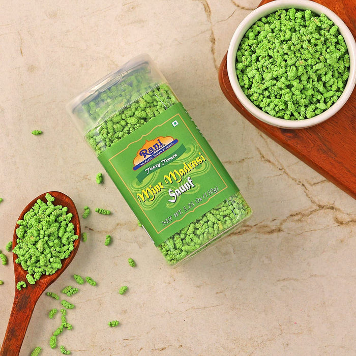 Rani Mint Madrasi Saunf 5.25oz (150g) Vacuum Sealed, Easy Open Top, Resealable Container ~ Indian Tasty Treats | Vegan | Gluten Friendly | NON-GMO | Indian Origin