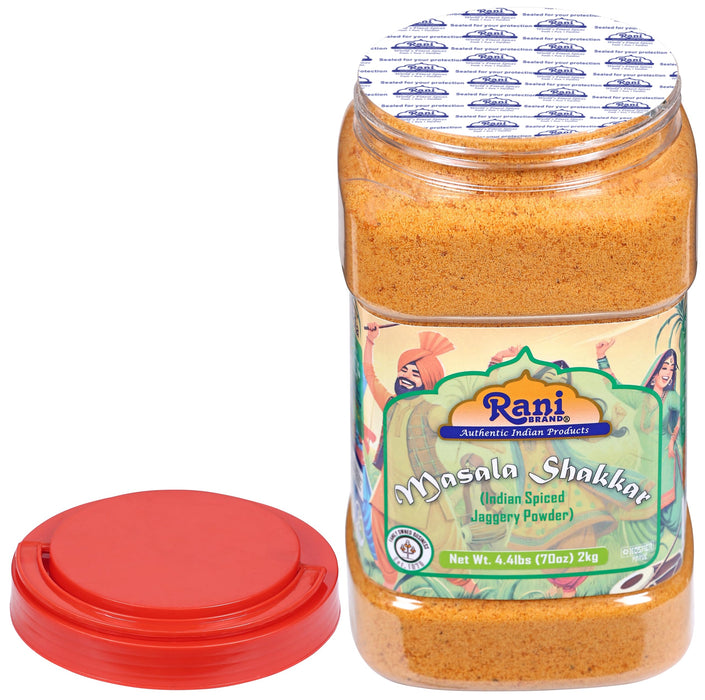Rani Masala Shakkar (Indian Spiced Jaggery Powder) Unrefined Raw Cane Sugar 70oz (4.4lbs) 2kg PET Jar ~ Gluten Friendly | Vegan | NON-GMO | Kosher | No Salt or fillers | Indian Product