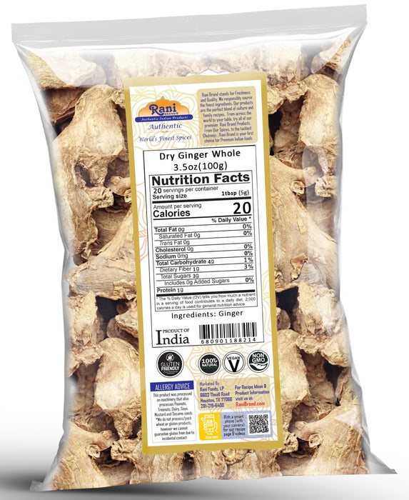 Rani Ginger (Adarak Sabut) Whole, Spice 3.5oz (100g) ~ All Natural | Vegan | Gluten Friendly | NON-GMO | Kosher | Indian Origin