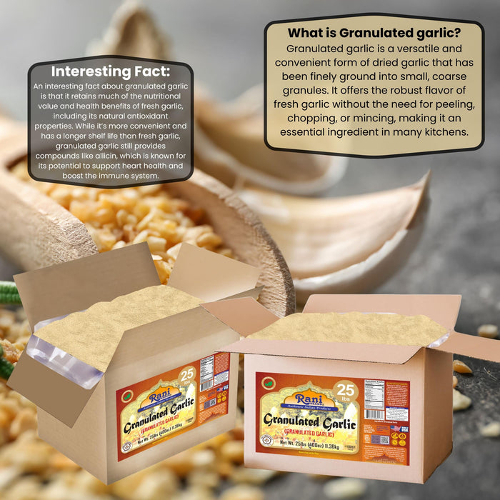 Rani Granulated Garlic (Coarse Ground Garlic) 400oz (25lbs) 11.36kg Bulk Box ~ All Natural | Gluten Friendly | Vegan | NON-GMO | Kosher | No Salt or fillers | Product of USA