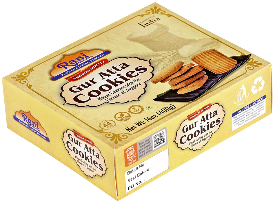 Rani Gur Atta Cookies (Wheat Cookies with the Flavor of Jaggery) 14oz (400g) Pack of 3+1 FREE, Premium Quality Indian Cookies ~ All Natural | Vegan | Non-GMO | Indian Origin