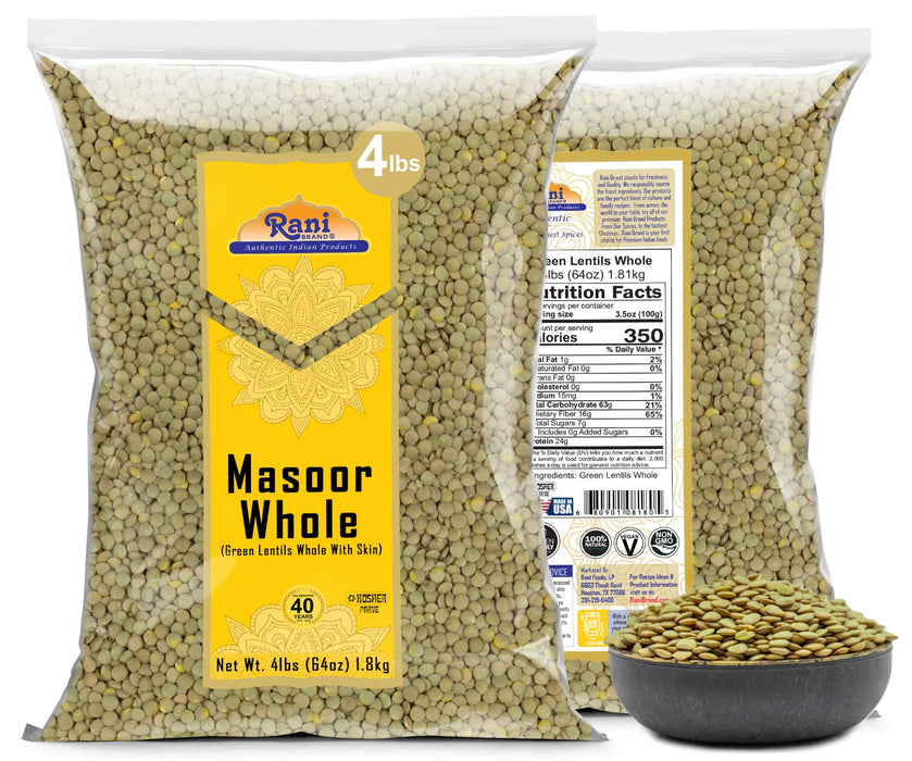 Rani Masoor Whole (Green Lentils Whole With Skin) 64oz (4lbs) 1.81kg Bulk ~ All Natural | Vegan | Gluten Friendly | Non-GMO | Kosher | Product of USA