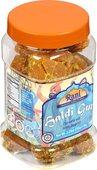 Rani Haldi Gur (Turmeric with Indian Jaggery) Indian Unrefined Raw Cane Sugar 35oz (2.2lbs) 1kg PET Jar ~ Gluten Friendly | Vegan | NON-GMO | Kosher | No Salt or fillers | Indian Product