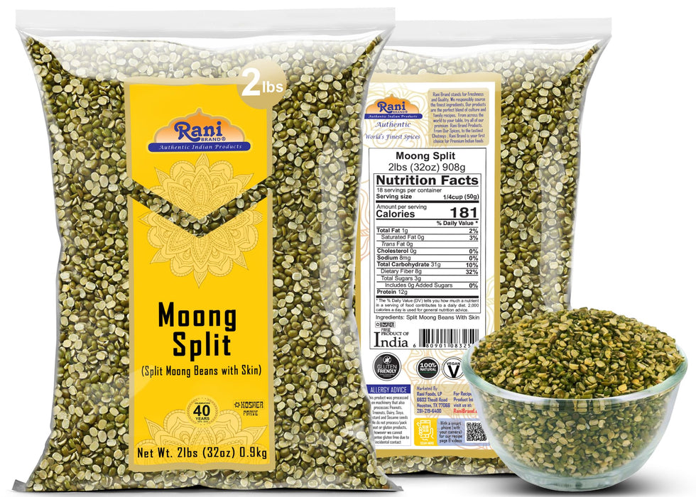 Rani Moong Split (Split Mung Beans with Skin) Lentils Indian32oz (2lbs) 908g ~ All Natural | Gluten Friendly | Non-GMO | Kosher | Vegan | Indian Origin