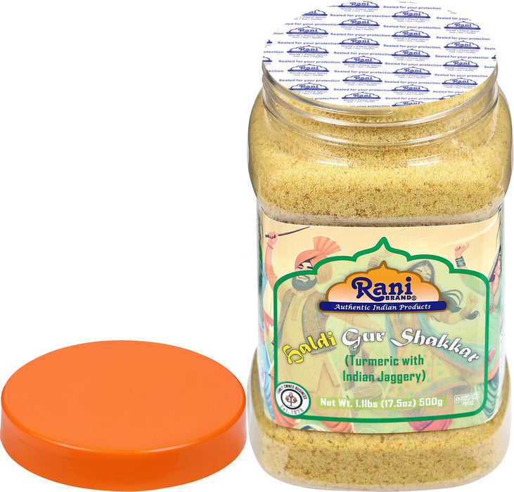 Rani Haldi Gur Shakkar (Turmeric with Indian Jaggery) Indian Unrefined Raw Cane Sugar 17.5oz (1.1lbs) 500g PET Jar ~ Gluten Friendly | Vegan | NON-GMO | Kosher | No Salt or fillers | Indian Product