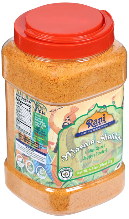 Rani Masala Shakkar (Indian Spiced Jaggery Powder) Unrefined Raw Cane Sugar 70oz (4.4lbs) 2kg PET Jar ~ Gluten Friendly | Vegan | NON-GMO | Kosher | No Salt or fillers | Indian Product
