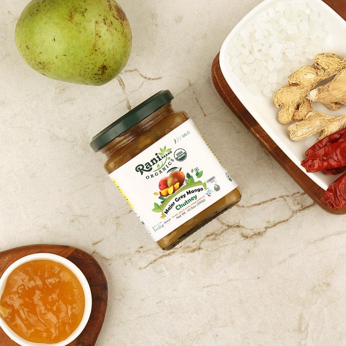 Rani Organic Major Grey Mango Chutney (Indian Preserve) 10.5oz (300g) Glass Jar, Ready to eat ~ All Natural | Vegan | Gluten Free | No Colors | NON-GMO | Kosher | Indian Origin | USDA Certified Organic