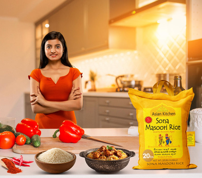 Asian Kitchen White Sona Masoori Aged Rice 20lbs (9.08kg) Short Grain Rice ~ All Natural | Gluten Friendly | Vegan | Indian Origin | Export Quality