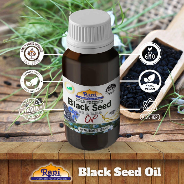 Rani Pure Black Seed (Nigella, Kalonji) Oil 3.38 Fl oz (100ml) Cold Pressed ~ 100% Cholesterol Free | All Natural | Gluten Free | NON-GMO | Kosher | Vegan | Indian Origin