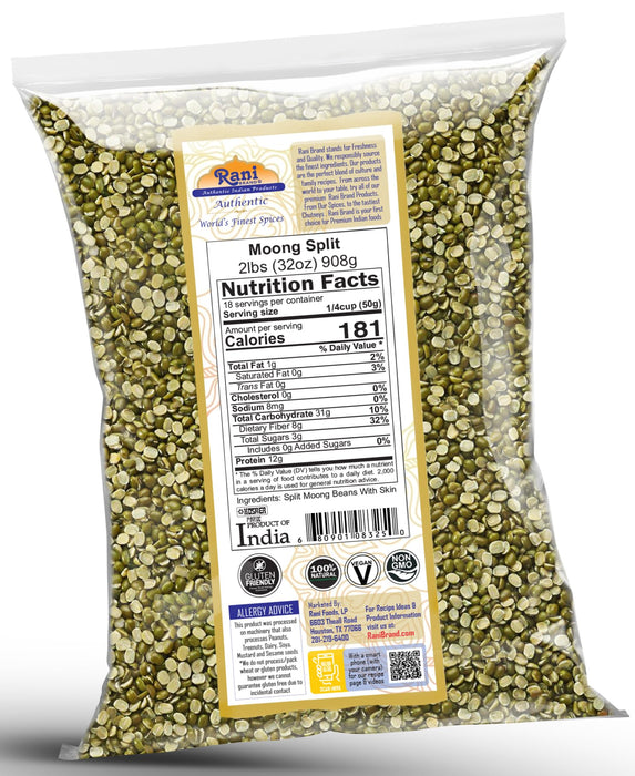 Rani Moong Split (Split Mung Beans with Skin) Lentils Indian32oz (2lbs) 908g ~ All Natural | Gluten Friendly | Non-GMO | Kosher | Vegan | Indian Origin