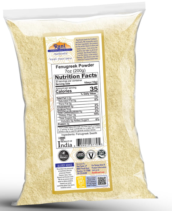 Rani Fenugreek (Methi) Seeds Ground Powder 7oz (200g) Trigonella foenum graecum ~ All Natural | Vegan | Gluten Friendly | Non-GMO | Kosher | Indian Origin, used in cooking & Ayurvedic spice