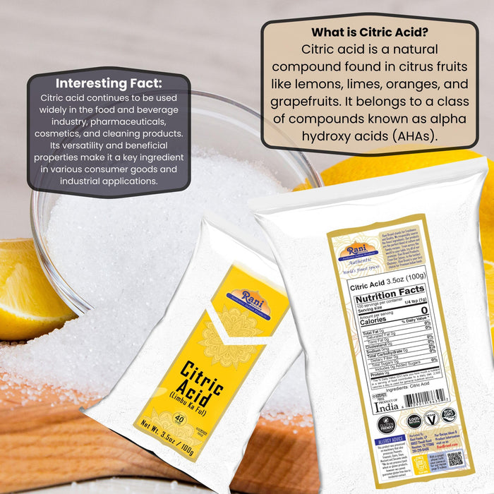 Rani Citric Acid Powder, Food Grade (Limbu Ka Ful) 3.5oz (100g) ~ Used for Cooking, Bath Bombs, Cleaning | Gluten Friendly | Kosher | Indian Origin