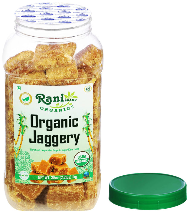 Rani Organic Jaggery (Unrefined Evaporated Organic Sugar Cane Juice) 35oz (2.2lbs) 1kg PET Jar ~ Gluten Friendly | Vegan | NON-GMO | No Salt or fillers | Indian Product | USDA Certified Organic