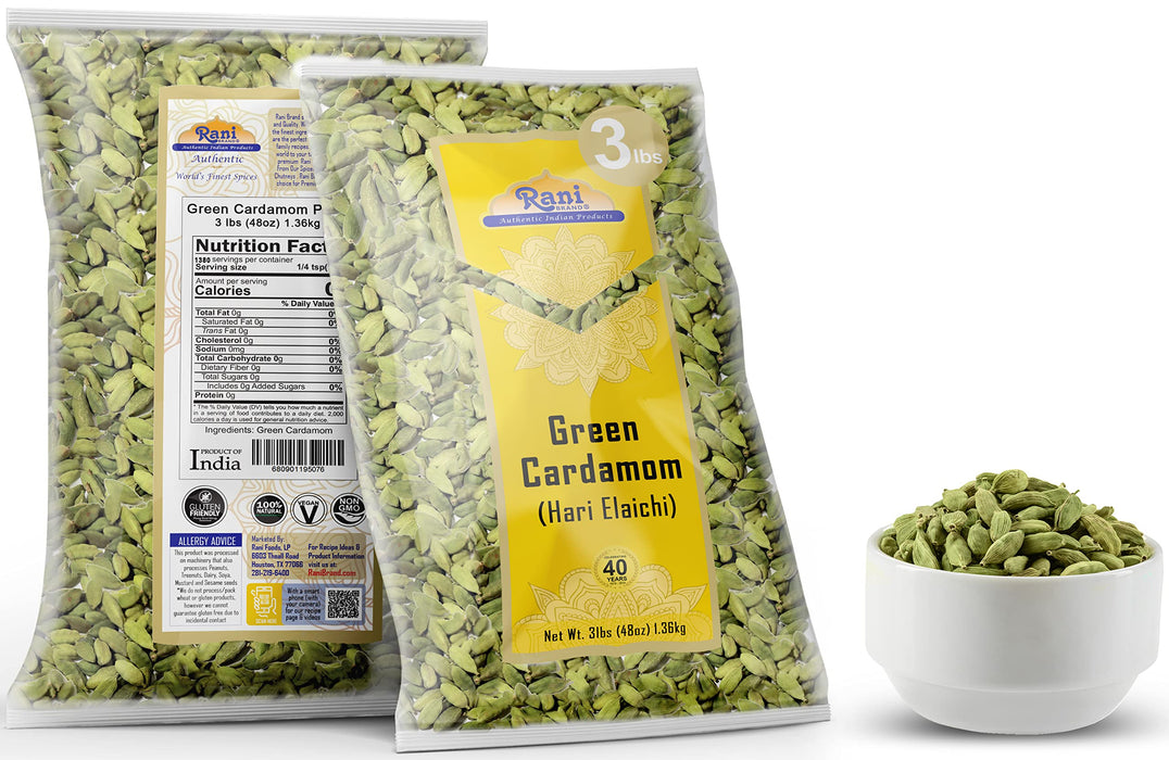 Rani Green Cardamom Pods Spice (Hari Elachi) 48oz (3lbs) 1.36kg Bulk ~ All Natural | Vegan | Gluten Friendly | NON-GMO | Product of India
