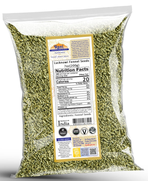 Rani Fennel Lucknowi Seeds (Fine Small Fennel) Whole Spice 7oz (200g) All Natural ~ Gluten Friendly | NON-GMO | Kosher | Vegan | Indian Origin