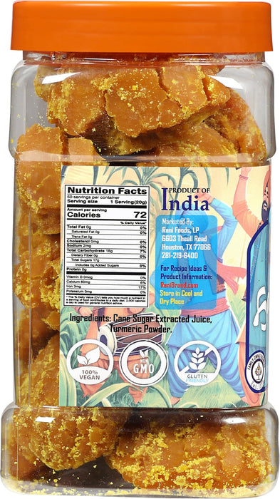 Rani Haldi Gur (Turmeric with Indian Jaggery) Indian Unrefined Raw Cane Sugar 35oz (2.2lbs) 1kg PET Jar ~ Gluten Friendly | Vegan | NON-GMO | Kosher | No Salt or fillers | Indian Product