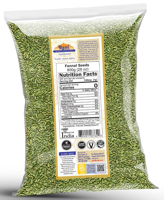 Rani Fennel Seeds (Saunf Sabut) Whole Spice 28oz (800g) All Natural ~ Gluten Friendly | NON-GMO | Kosher | Vegan | Indian Origin
