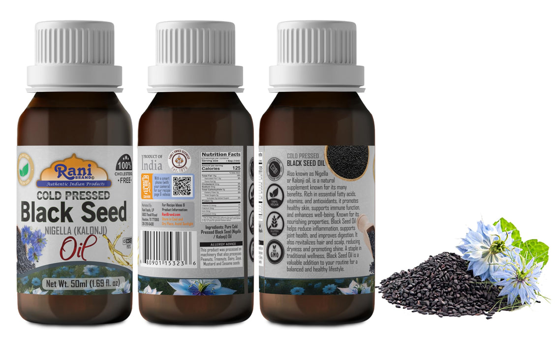 Rani Pure Black Seed (Nigella, Kalonji) Oil 1.69 Fl oz (50ml) Cold Pressed ~ 100% Cholesterol Free | All Natural | Gluten Free | NON-GMO | Kosher | Vegan | Indian Origin