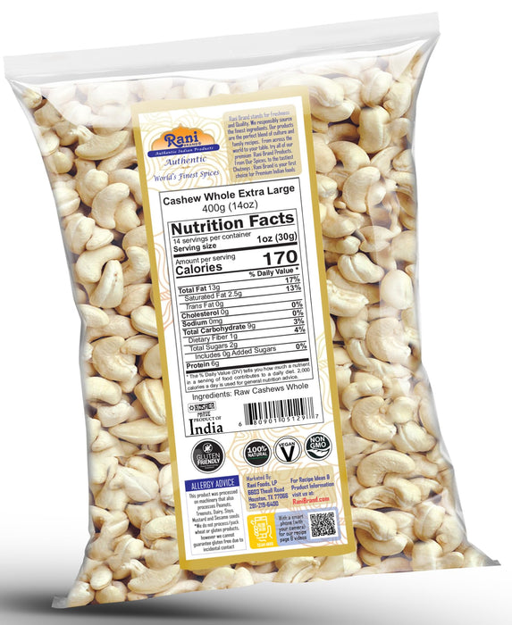 Rani Raw Cashews Whole W180 Extra Large (uncooked, unsalted) 14oz (400g) ~ All Natural, No Preservatives | Vegan | NON-GMO | Kosher | Gluten Friendly
