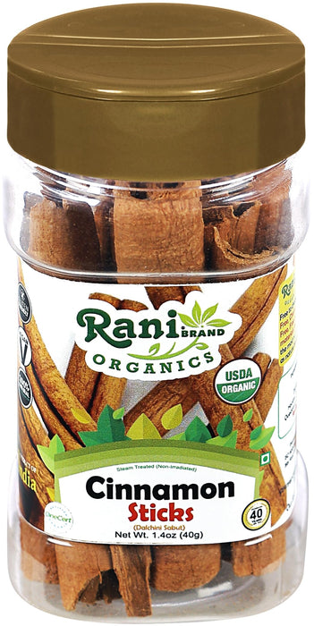 Rani Organic Cinnamon Sticks 1.4oz (40g) PET Jar - 7-9 Sticks - Strong Aroma, Perfect for Baking, Cooking & Beverages | 3+ Inches Length - Cassia Saigon Cinnamon from Vietnam | Kosher