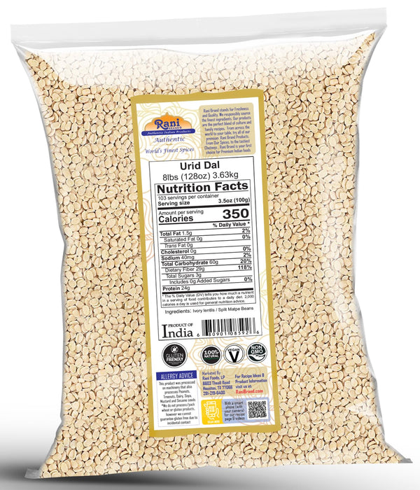 Rani Urid/Urad Dal (Split Matpe Beans Skinless) Indian Lentils 128oz (8lbs) 3.63kg Bulk ~ All Natural | Gluten Friendly | NON-GMO | Kosher | Vegan | Indian Origin