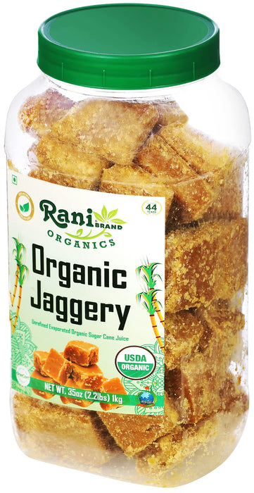 Rani Organic Jaggery (Unrefined Evaporated Organic Sugar Cane Juice) 35oz (2.2lbs) 1kg PET Jar ~ Gluten Friendly | Vegan | NON-GMO | No Salt or fillers | Indian Product | USDA Certified Organic