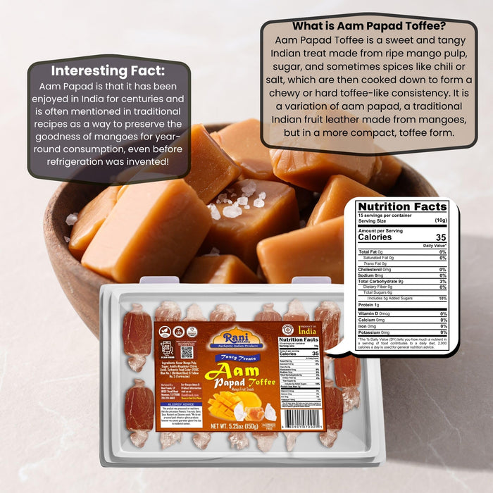 Rani Aam (Mango Fruit Snack) Toffee Candy Treat, 5.25oz (150g), Individually Wrapped in Candy Box ~ All Natural | Vegan | Gluten Friendly | Kosher | Indian Origin & Taste