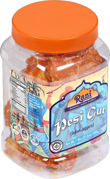 Rani Pesi Gur (Jaggery) Indian Unrefined Raw Cane Sugar 17.5oz (1.1lbs) 500g PET Jar ~ Gluten Friendly | Vegan | NON-GMO | Kosher | No Salt or fillers | Indian Product