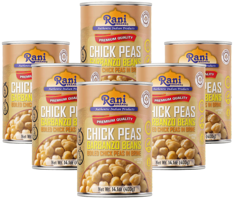 Rani Chick Peas, Garbanzo Beans (Boiled Chick Peas in Brine) Kabuli Chana 14oz (400g) Pack of 6 ~ Easy Open Can | All Natural | Vegan | Gluten Friendly | NON-GMO | Kosher | Indian Origin