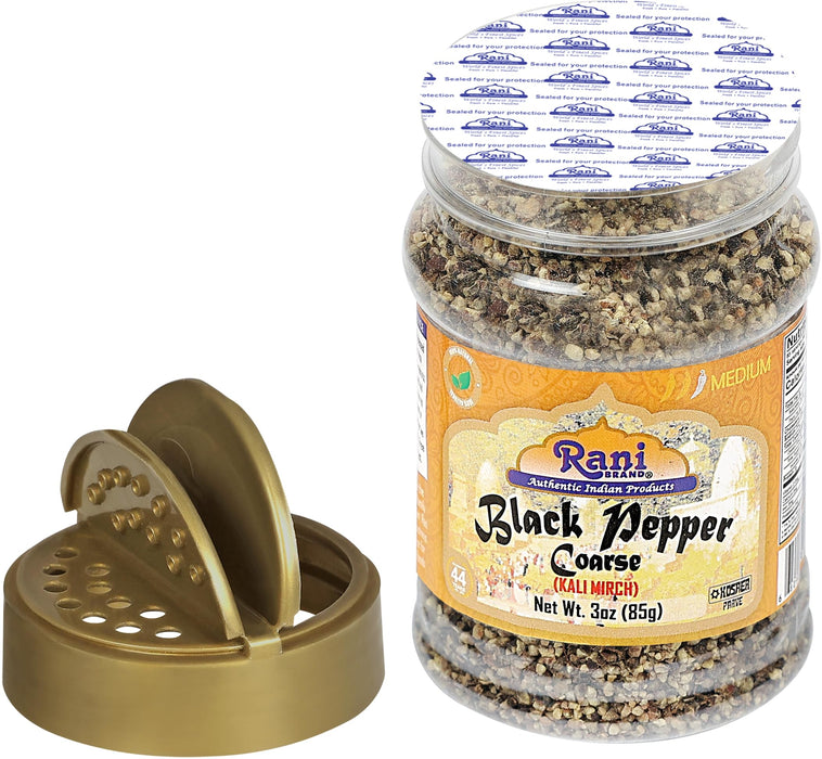 Rani Black Pepper Coarse Ground 28 Mesh (Table Grind), 3oz (85g) PET Jar ~ Gluten Friendly, Non-GMO, All Natural | Kosher