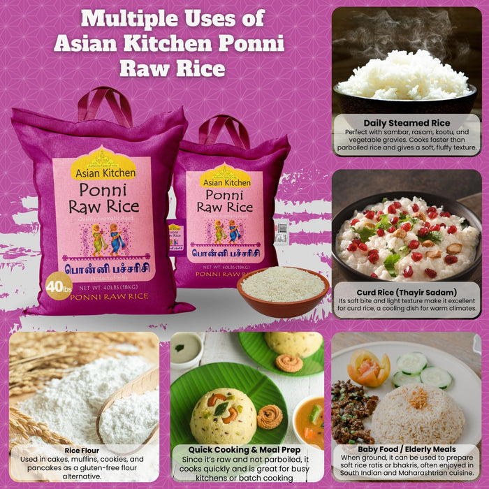 Asian Kitchen Ponni Raw Rice 40-Pound Bag, 40lbs (18.14kg) Short Grain Rice ~ All Natural | Gluten Friendly | Vegan | Indian Origin | Export Quality