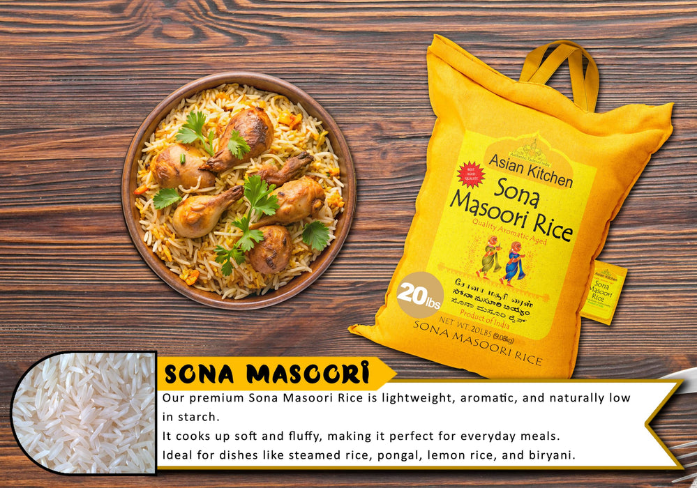 Asian Kitchen White Sona Masoori Aged Rice 20lbs (9.08kg) Short Grain Rice ~ All Natural | Gluten Friendly | Vegan | Indian Origin | Export Quality