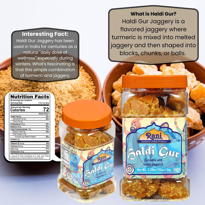 Rani Haldi Gur (Turmeric with Indian Jaggery) Indian Unrefined Raw Cane Sugar 35oz (2.2lbs) 1kg PET Jar ~ Gluten Friendly | Vegan | NON-GMO | Kosher | No Salt or fillers | Indian Product