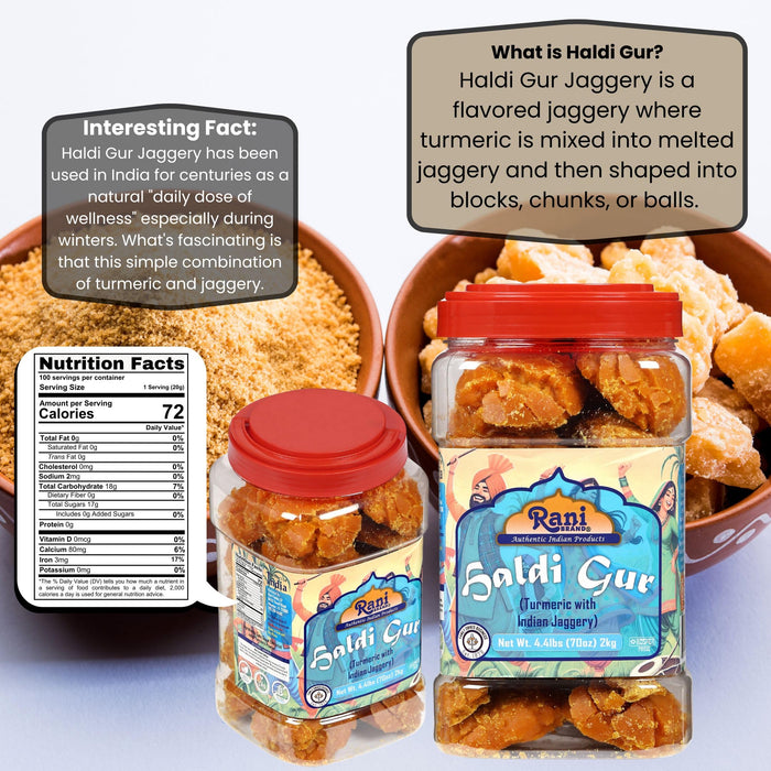 Rani Haldi Gur (Turmeric with Indian Jaggery) Indian Unrefined Raw Cane Sugar 70oz (4.4lbs) 2kg PET Jar ~ Gluten Friendly | Vegan | NON-GMO | Kosher | No Salt or fillers | Indian Product