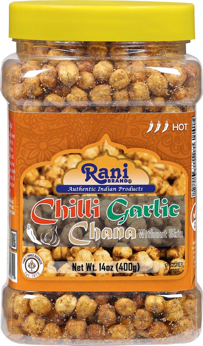 Rani Roasted Chana (Chickpeas) Chilli Garlic Flavor 14oz (400g) PET Jar ~ All Natural | Vegan | No Preservatives | Gluten Friendly | Kosher | Indian Origin | Great Snack, Ready to Eat | Seasoned with 6 Spices