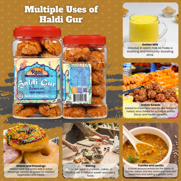 Rani Haldi Gur (Turmeric with Indian Jaggery) Indian Unrefined Raw Cane Sugar 70oz (4.4lbs) 2kg PET Jar ~ Gluten Friendly | Vegan | NON-GMO | Kosher | No Salt or fillers | Indian Product