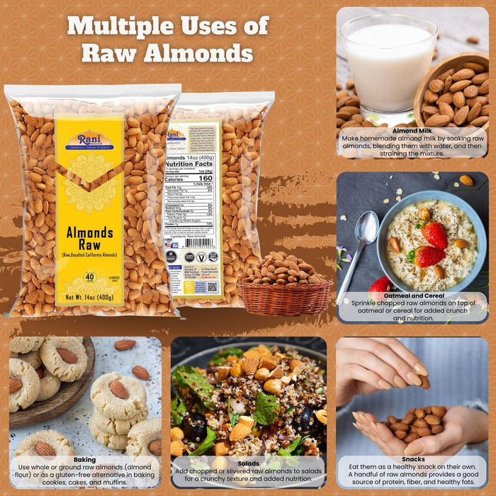 Rani Almonds, Raw Whole With Skin 14oz (400g) ~ All Natural | Vegan | Kosher | Gluten Friendly | Fresh Product of USA ~ California Shelled Almonds