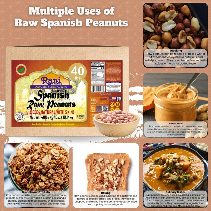 Rani Raw Spanish Peanuts 100% Natural with Skin (uncooked, unsalted) 40lbs (640oz) 18.14kg Bulk Box ~ Vegan | Gluten Friendly | Fresh Product of USA | Kosher | Red-brown Skin