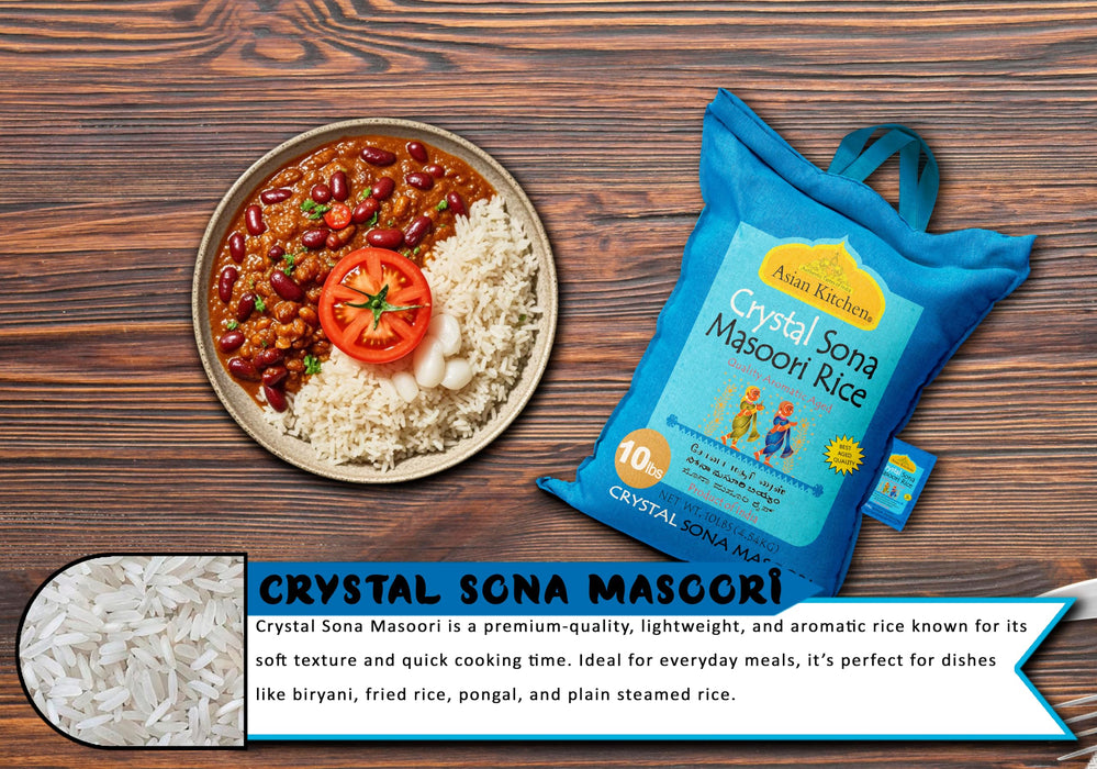 Asian Kitchen Crystal Sona Masoori Aged Rice 10lbs (4.54kg) Short Grain Rice ~ All Natural | Gluten Friendly | Vegan | Kosher | Indian Origin | Export Quality