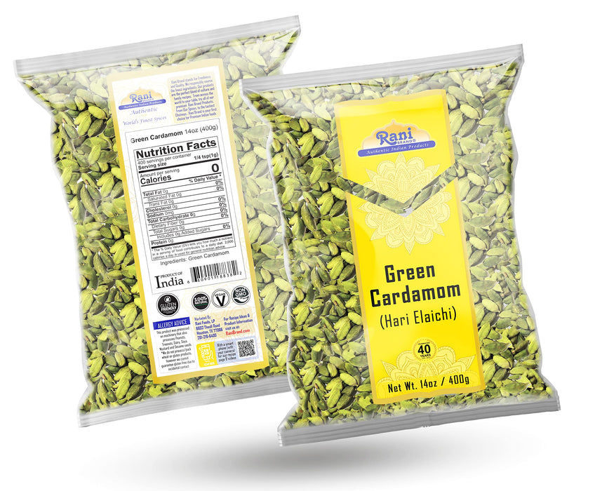 Rani Green Cardamom Pods Spice (Hari Elachi) 14oz (400g) ~ All Natural | Vegan | Gluten Friendly | NON-GMO | Kosher | Product of India