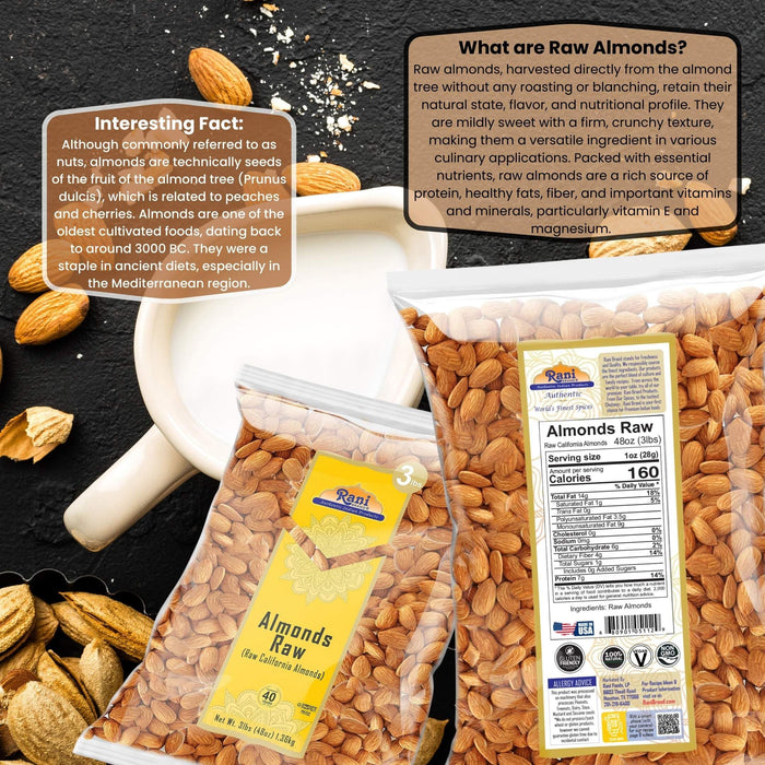 Rani Almonds, Raw Whole With Skin 48oz (3lbs) 1.36kg Bulk ~ All Natural | Vegan | Kosher | Gluten Friendly | Fresh Product of USA ~ California Shelled Almonds