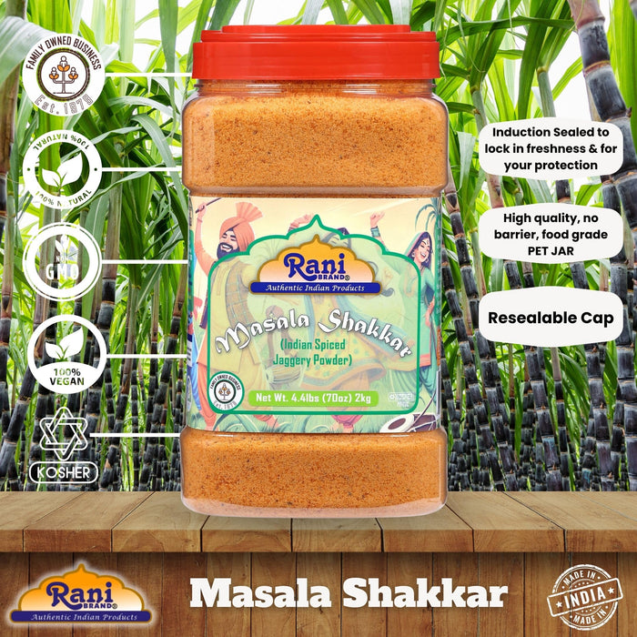Rani Masala Shakkar (Indian Spiced Jaggery Powder) Unrefined Raw Cane Sugar 70oz (4.4lbs) 2kg PET Jar ~ Gluten Friendly | Vegan | NON-GMO | Kosher | No Salt or fillers | Indian Product