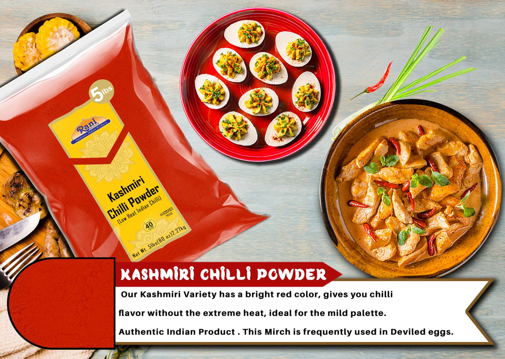 Rani Kashmiri Chilli Powder (Deggi Mirch, Low Heat) Ground Indian Spice 80oz (5lbs) 2.27kg ~ Natural | Salt-Free | Kosher | Vegan | Gluten Friendly | Perfect for Deviled Eggs & Other Low Heat Dishes