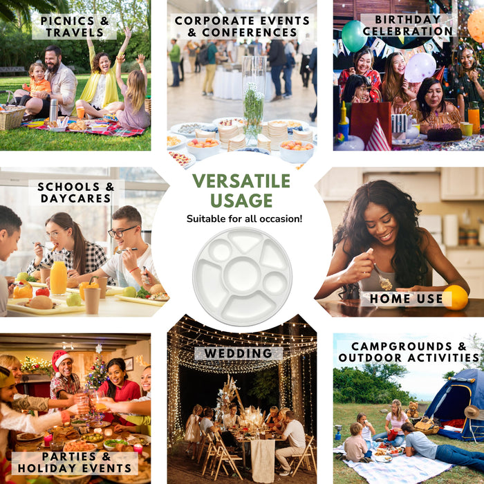 Rani 7 Compartment Round Biodegradable Divided Plates, Pack of 1000 ~ Party, Thali, Buffet | Disposable & Eco-Friendly | Heavy-Duty Sturdy Paper Bagasse | Premium Quality | 11" Diameter, 1.38" Height