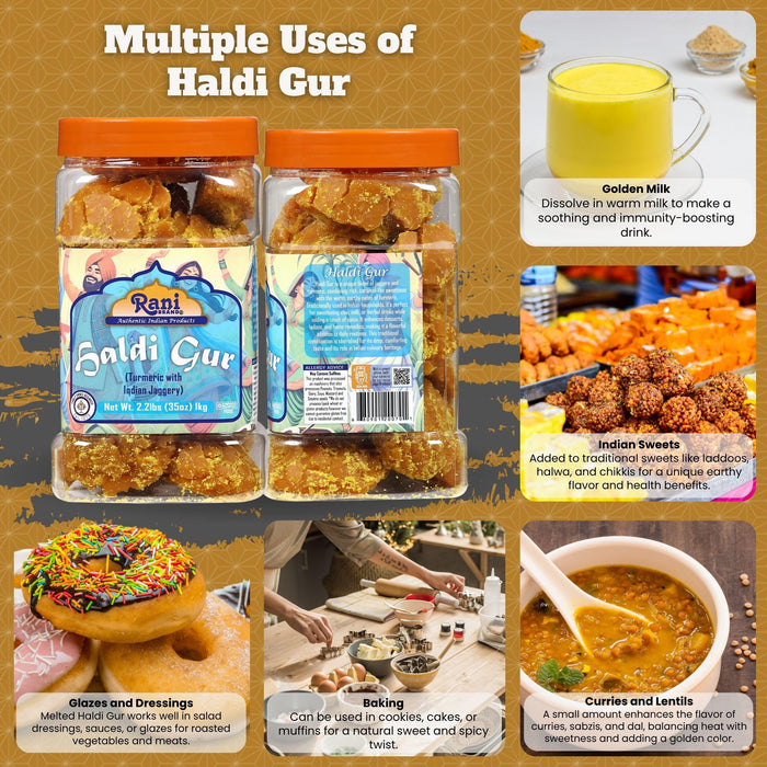 Rani Haldi Gur (Turmeric with Indian Jaggery) Indian Unrefined Raw Cane Sugar 35oz (2.2lbs) 1kg PET Jar ~ Gluten Friendly | Vegan | NON-GMO | Kosher | No Salt or fillers | Indian Product